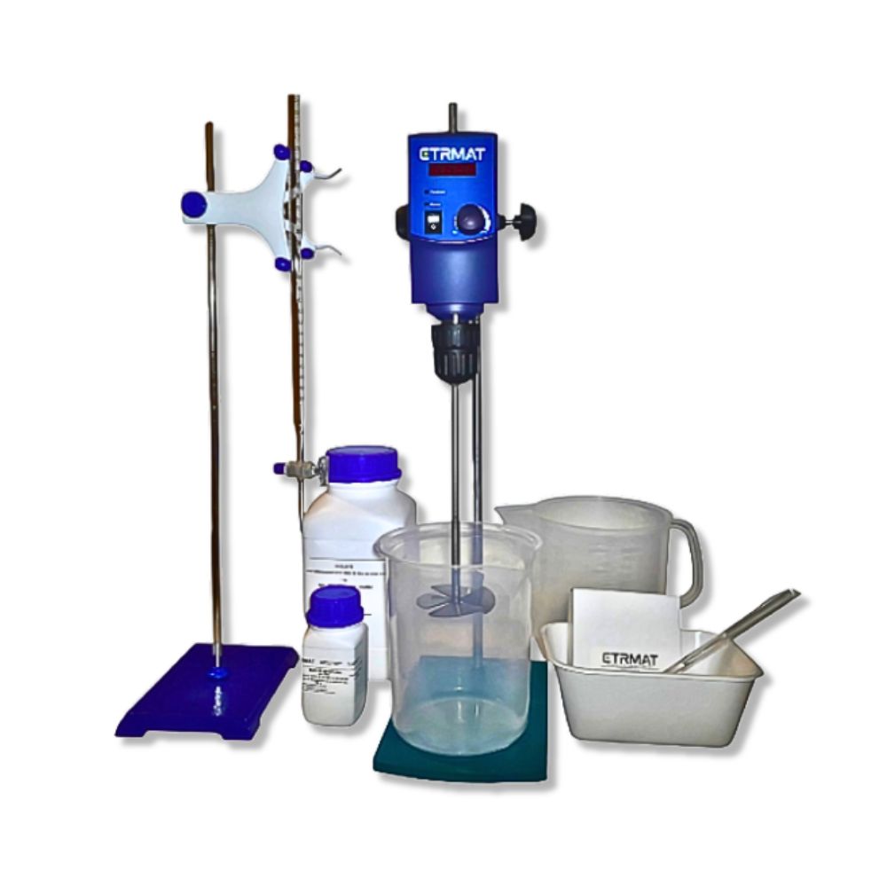 Kit complet d'essai au bleu de méthylène comprenant un agitateur électrique, une burette sur support, des béchers de laboratoire et du papier filtre Whatman.